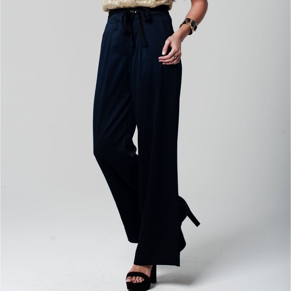 Q2 Black Satin High Waist Trousers w/ Wide Leg